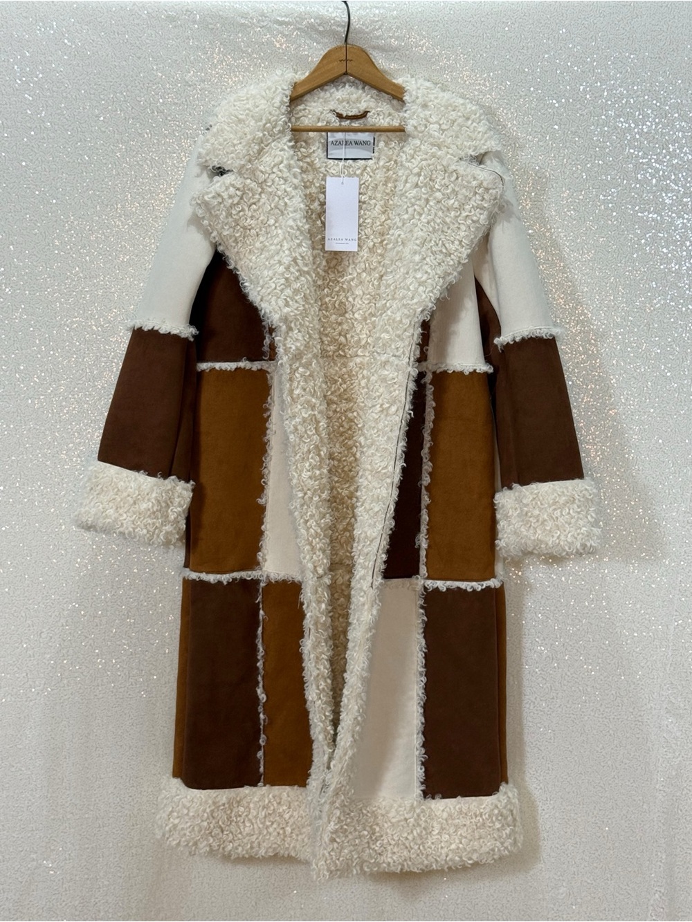 Azalea Wang Telluride Longline Patchwork Faux Shearling Coat Sherpa Boho Western - Picture 13 of 15